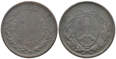 Аргентина, Буэнос-Айрес 1 десимо 1822 провинциальный выпуск Буэнос-Айреса KM 1 медь 34-117