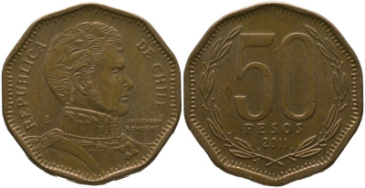 Чили 50 песо 2011 So KM 219.2, Schon 70 алюминиевая бронза 4544-436