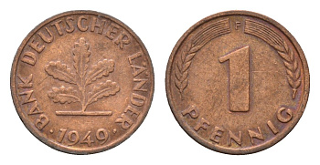 ФРГ 1 пфенниг 1949 F KM A101, J. 376 сталь плакированная медью 4685-343