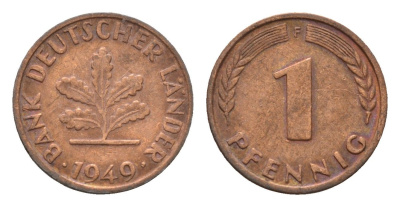 ФРГ 1 пфенниг 1949 F KM A101, J. 376 сталь плакированная медью 4685-343