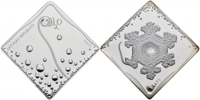 Латвия 1 лат 2009 H2O - вода, квадратная KM 104 серебро PROOF 1087-1-62