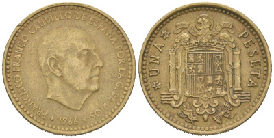 Испания 1 песета 1966 (72) Франсиско Франко (1939-1975) KM 796 алюминиевая бронза 4617-1264