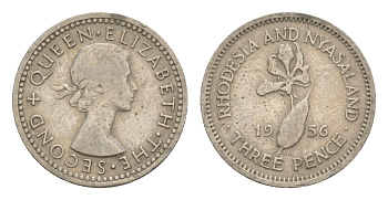 Родезия и Ньясаленд 3 пенса 1956 Елизавета II (1952-2022), цветок глориоза KM  3 медно-никель    4640-917