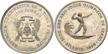 Сан-Томе и Принсипи 1000 добра 1996 XXVI Олимпийские игры 1996 года в Атланте, серфинг KM 62 медно-никель PROOF 00-00