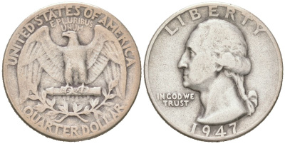 США 25 центов = квотер = 1/4 доллара 1947 Джордж Вашингтон KM 164 серебро 190-1243