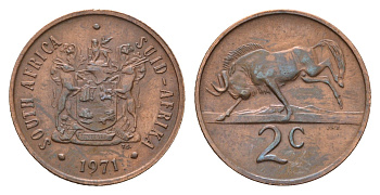 ЮАР 2 цента 1971 герб, антилопа гну KM 83 бронза aUNC 4660-936