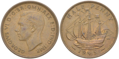 Великобритания 1/2 пенни 1945 Георг VI (1936-1952) KM 844, Spink 4115 бронза 59-1631
