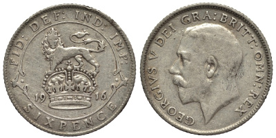 Великобритания 6 пенсов 1916 Георг V (1910-1936) KM 815, Spink 4014 серебро 4538-1251