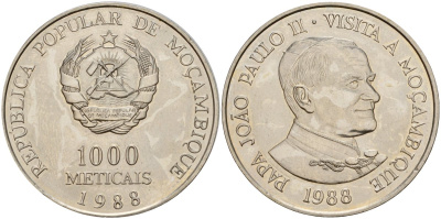 Мозамбик 1000 метикалов 1988 визит Папы Иоанна Павла II KM 109 медно-никель UNC 4125-425