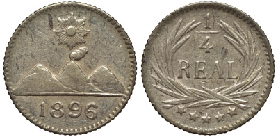 Гватемала 1/4 реала 1896 5 звезд, Испанское правление KM 162 серебро 116-466