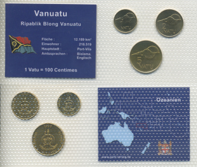Вануату набор из 3 монет 1999-2002 1, 2, 5 вату, в запайке UNC 1-5-2-43