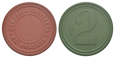 Чили, Бокете (El Boquete) шахтерский жетон с Селитряного рудника для покупки в местных магазинах, номиналом в 2 песо 1880-1920 диаметр 40,5 мм, вес 5,36 гр Espinosa 99.7 эбонит (зеленый и красный) 01-235-21