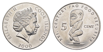 Острова Кука 5 центов 2000 ФАО, год-тип KM 369 сталь плакированная никелем UNC 4652-937