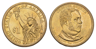 США 1 доллар 2012 P, Президент США - Честер Алан Артур (1881–1885) KM 524 медь с марганцево-латунным покрытием UNC 4698-937
