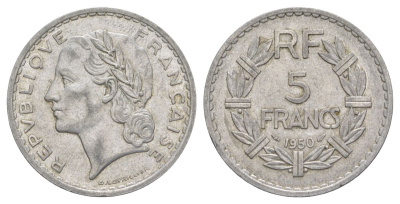 Франция 5 франков 1950 KM 888b.1, Le Franc 339 алюминий 4185-315
