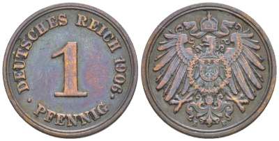 ГЕРМАНИЯ 1 ПФЕННИГ 1906 E KM 10, Jager. 10, Weege 2 медь 4528-1237