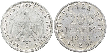 ГЕРМАНИЯ 200 МАРОК 1923 E KM 35, J. 304, Weege 22 алюминий 210-445