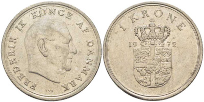 Дания 1 крона 1972 S; S, Фредерик IX (1947-1972) KM 851.2 медно-никель 4388-141