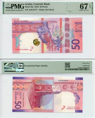 Аруба 50 флоринов 2019 краб, башня Виллема III, Форт Зутман (Ораньестад), в слабе PMG Super Gem 67 Pick 23  бумага  UNC (пресс) 452-2-18