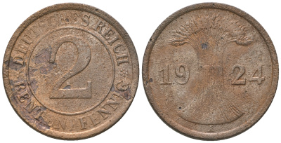 Германия 2 рентенпфеннига 1924 A KM 31, J.307 бронза 4164-644