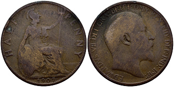 Великобритания 1/2 пенни 1907 Эдуард VII (1901-1910) KM 793.2, Spink 3991 бронза 58-316