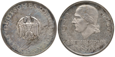 Германия 3 марки 1929 F, 200 лет со дня рождения Лессинга Weege 36, J. 335, KM 60 серебро PROOF 00-806-28