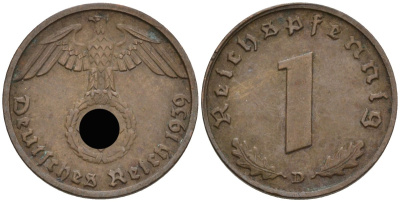 Германия 1 рейхспфенниг 1939 D KM 89, J 361 бронза 4136-1145