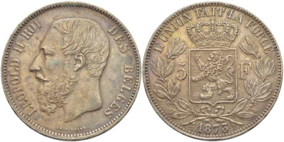 Бельгия 5 франков 1873 Леопольд II (1865-1909), позиция А KM 24 серебро 5010-945