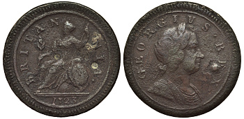 Великобритания 1/2 пенни 1723 Георг I (1714-1727) KM 557, Spink 3660 медь 1520-1214