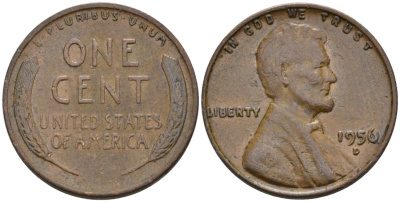 США 1 цент 1956 D, Линкольн KM А132 медь цинк 4564-259