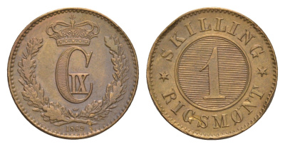 Дания 1 скиллинг-ригсмёнт 1869 Кристиан IX (1863-1906) KM 774 бронза aUNC 1519-313