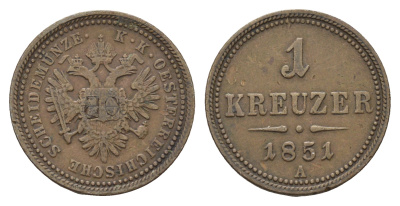 Австрия 1 крейцер 1851 A, Франц Иосиф I (1848-1916) KM 2185 медь    4577-441