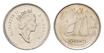Канада 10 центов 1999 Елизавета II (1952-2022), парусник сталь плакированная никелем 4689-612