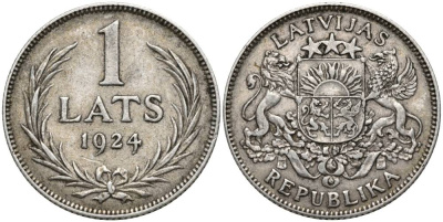 Латвия 1 лат 1924 Первая республика (1918-1939) KM 7 серебро 27-1224