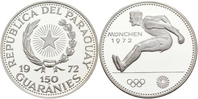 ПАРАГВАЙ 150 ГУАРАНИ 1972 ОЛИМПИЙСКИЕ ИГРЫ В МЮНХЕНЕ 1972 ГОДА, ПРЫЖКИ В ДЛИНУ, ТИРАЖ 10000 ЭКЗ. KM 33 серебро PROOF 01-172-35