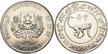 Сингапур 10 долларов 1992 год обезьяны KM 92 никель UNC 04-326-21