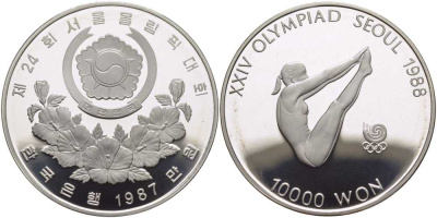 Южная Корея 10000 вон 1987 XXIV Летние Олимпийские игры в Сеуле 1988 года, прыжки в воду KM 57 серебро PROOF 00-00