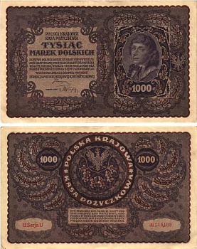 Польша 1000 марок 1919 23 августа 1919, II серия, портрет Костюшко, серия U Pick 29 (2)  бумага   8609-19-1-1