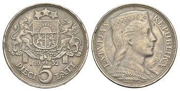 Латвия 5 латов 1932 девушка KM 9 серебро 443-1115