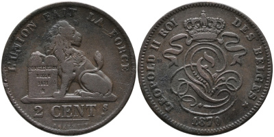 БЕЛЬГИЯ 2 САНТИМА 1870 BELGES KM 35.1 медь 95-654