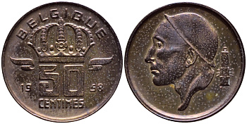 БЕЛЬГИЯ 50 САНТИМОВ 1958 BELGIQUE KM 148.1 бронза 4392-828