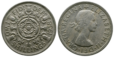Великобритания 2 шиллинга (флорин) 1958 Елизавета II (1952-2022) KM 906, Spink 4146 медно-никель 4382-146