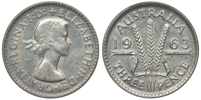 Австралия 3 пенса 1963 m, Елизавета II (1952-2022) KM 57 серебро 71-865