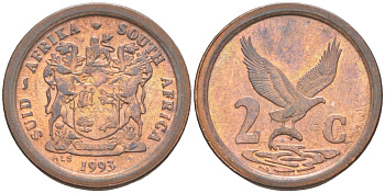 ЮАР 2 цента 1993 ОРЁЛ С РЫБОЙ KM 133 сталь плакированная медью 187-259