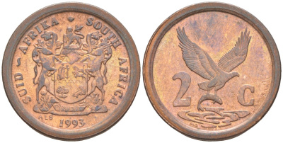 ЮАР 2 цента 1993 ОРЁЛ С РЫБОЙ KM 133 сталь плакированная медью 187-259