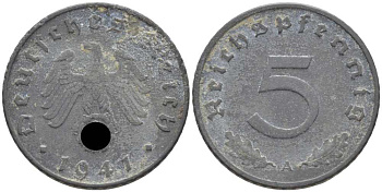 ГЕРМАНИЯ 5 РЕЙХСПФЕННИГОВ 1941 A KM 100, J. 370 цинк 105-247