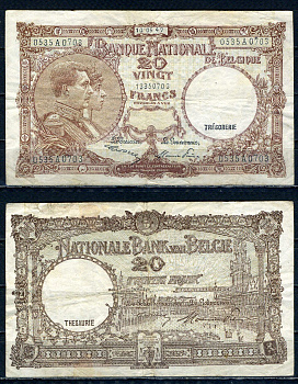 Бельгия 20 франков 1947 10.05.1947, Король Альберт I и его жена Королева Елизавета, Гран-Плас / Гроте Маркт, Брюссель Pick 111 (3) бумага 6301-20-2-1