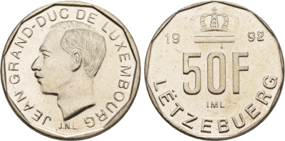 Люксембург 50 франков 1992 Великий герцог Жан (1964-2000), тираж 10.000 экземпляров KM 66 никель  BU  4635-1212