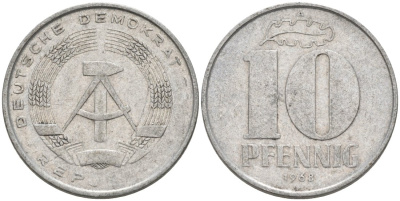 ГДР 10 пфеннигов 1968 А KM 10 алюминий 4571-656