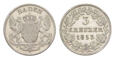 Баден 3 крейцера 1853 Леопольд (1830-1852) KM 211 серебро 1526-1032